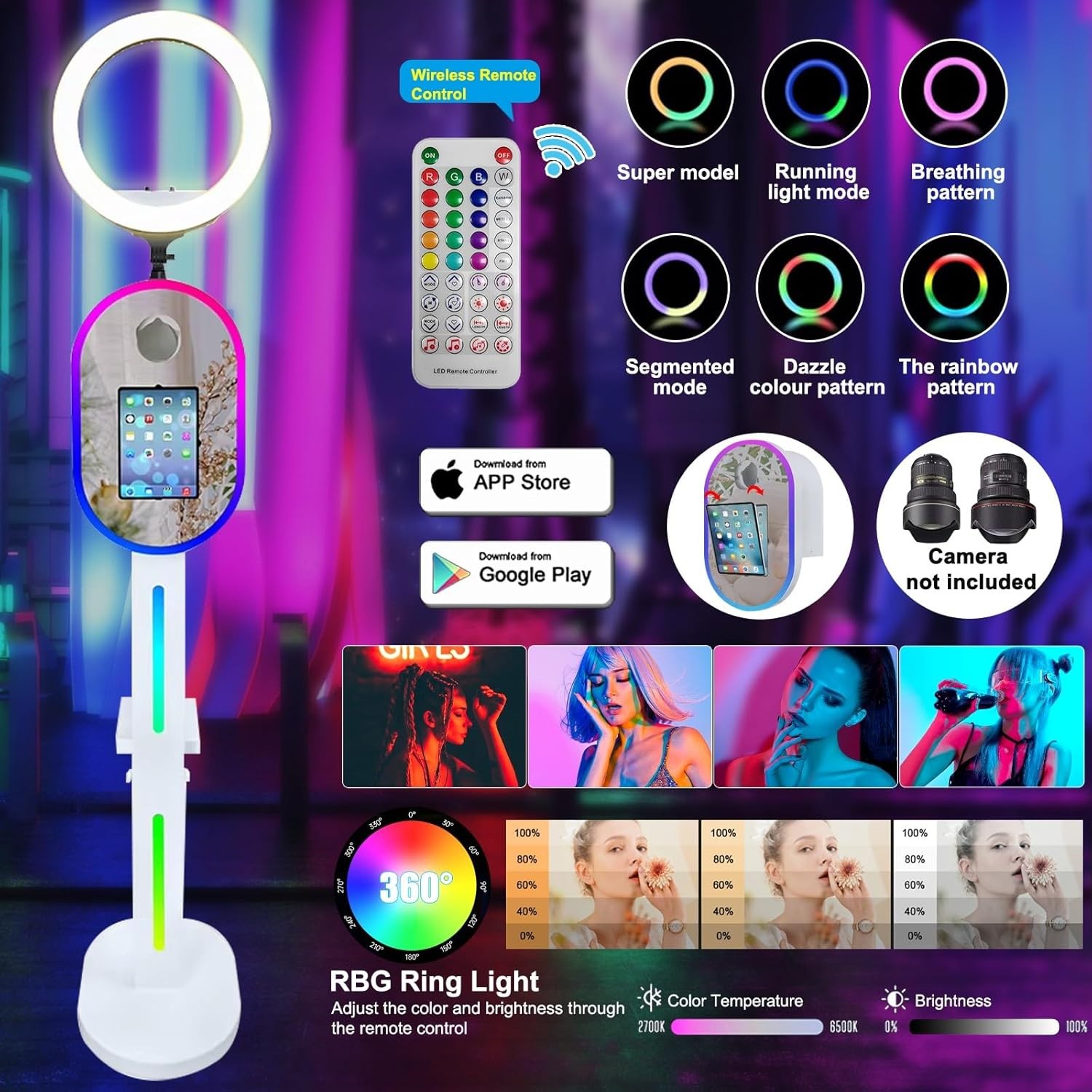 Portable Photo Booth Machine w/Music Sync Light Effects Selfie Booth for Parties