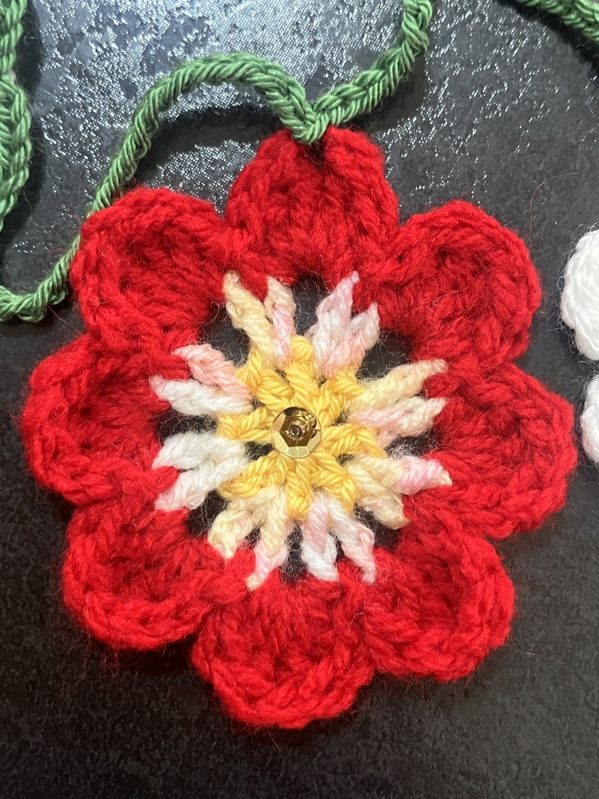 🌺NEW Hand Crochet Flowers window long Bunting Sequin Camper SUMMER 60” Gift