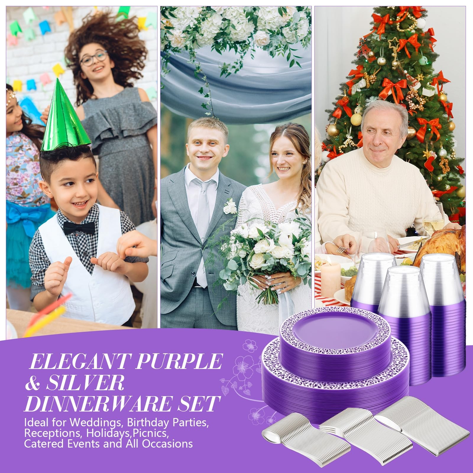 Suclain Purple 600 Pcs Plastic Plate Dinnerware Set for 100 Guests Including …