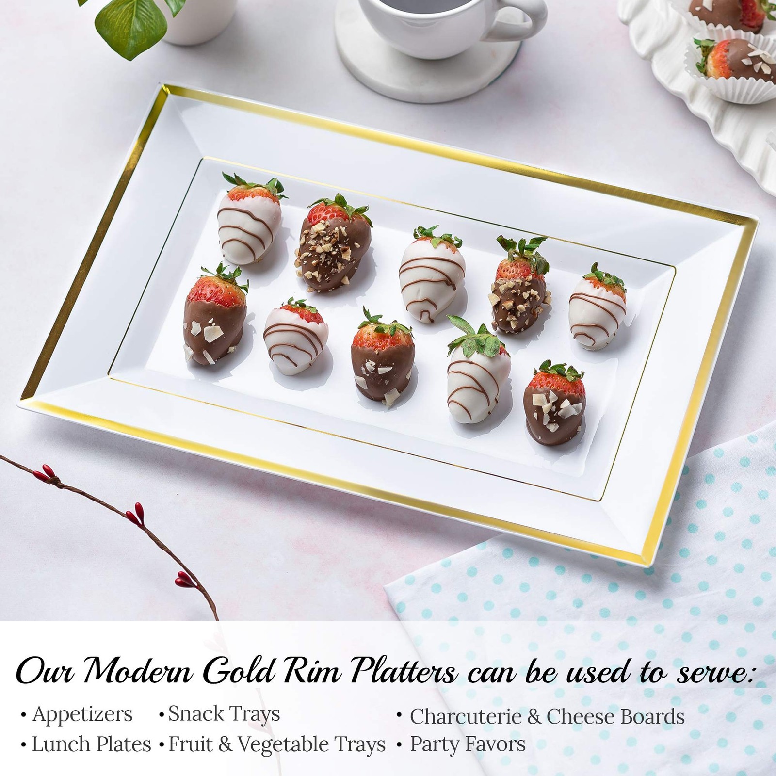 Mint Living – Elegant Plastic Serving Tray & Platter Set (6pk) – White & Gold Ri