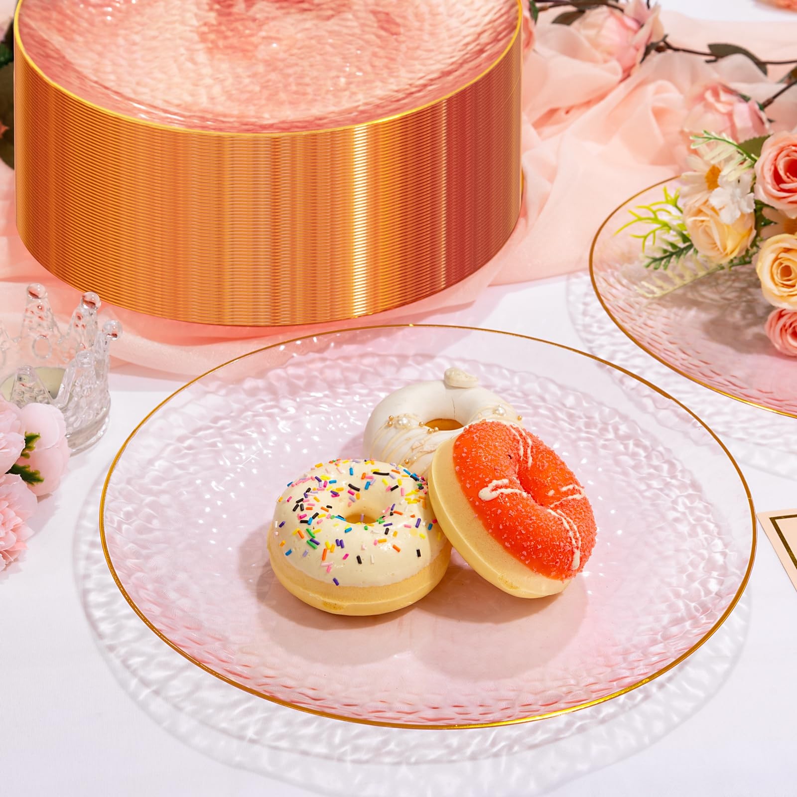 Rubtlamp 100 Pcs Pink And Gold Plastic Plates – 10 inch 100, clear pink gold