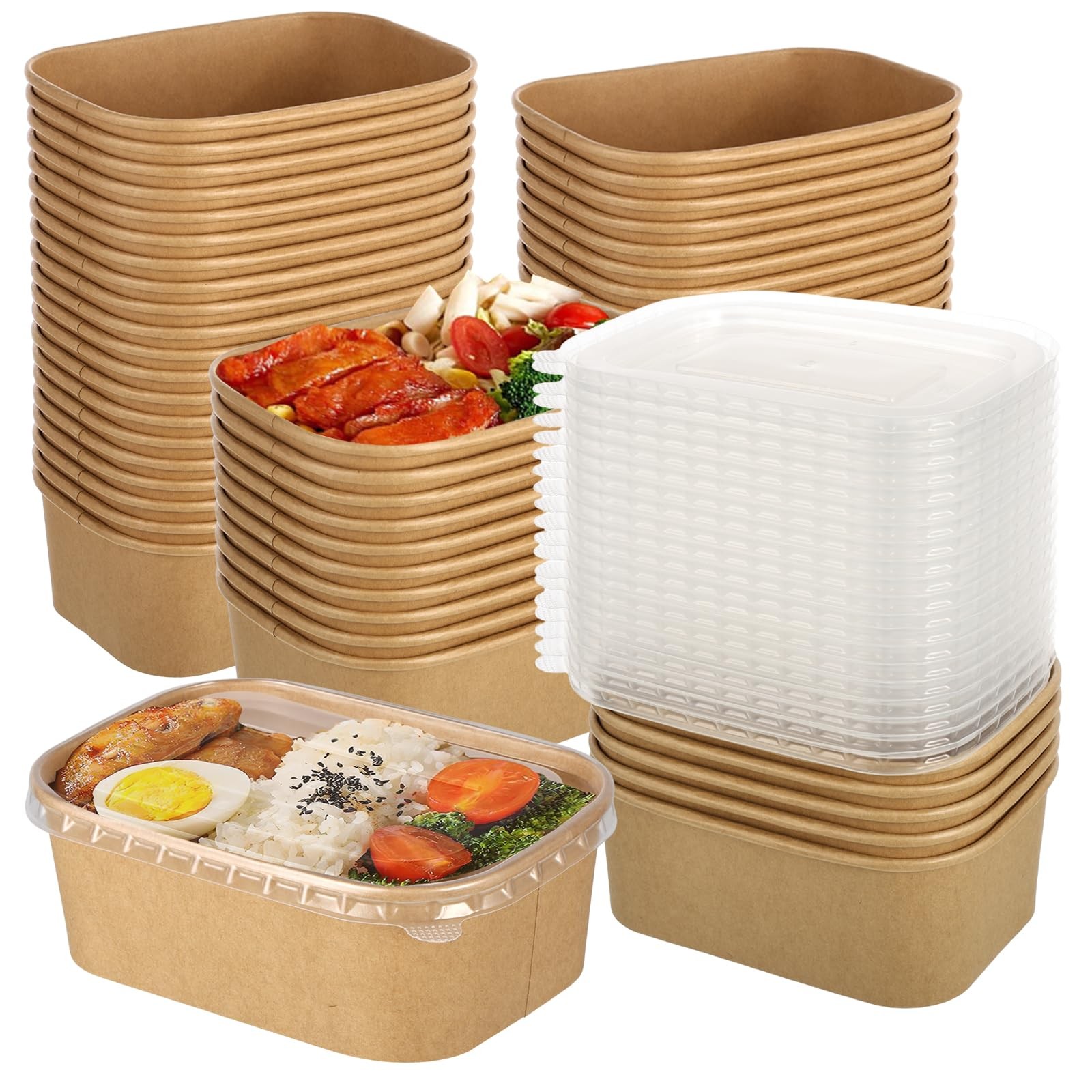 50 Pack 25oz Disposable Kraft Paper Bowls with Lids, Rectangle Meal Prep Cont…