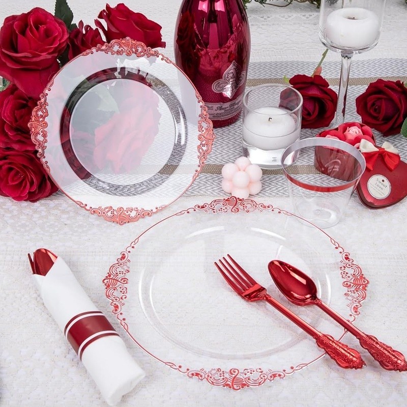 Disposable Plastic Plates Sturdy Red Dinnerware Set Parties Events Gatherings US