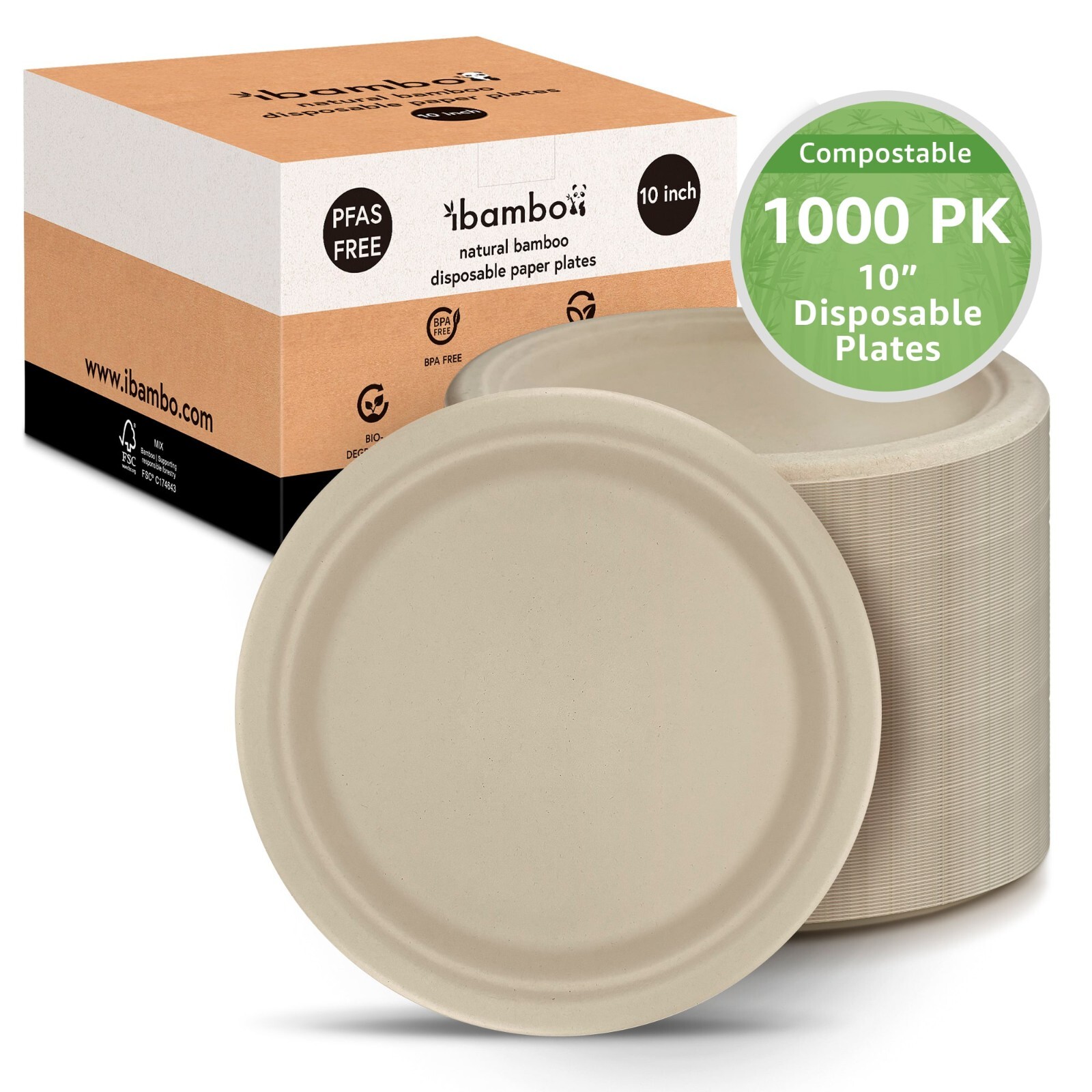 Ibambo Bamboo Disposable Paper Plates – 10 Inch, 1000 Pack, Compostable Plates