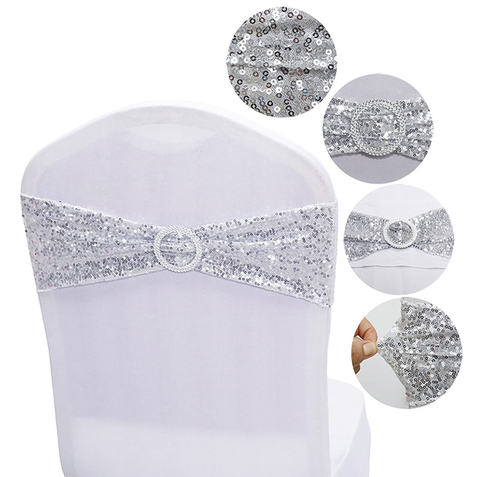 50 PCS Silver Stretch Sequin Chair Sashes Spandex Bands Wedding Event Decor