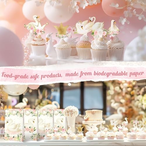 Swan Cupcake Toppers 40 Pack White Plastic Elegant Party Decorations Birthday