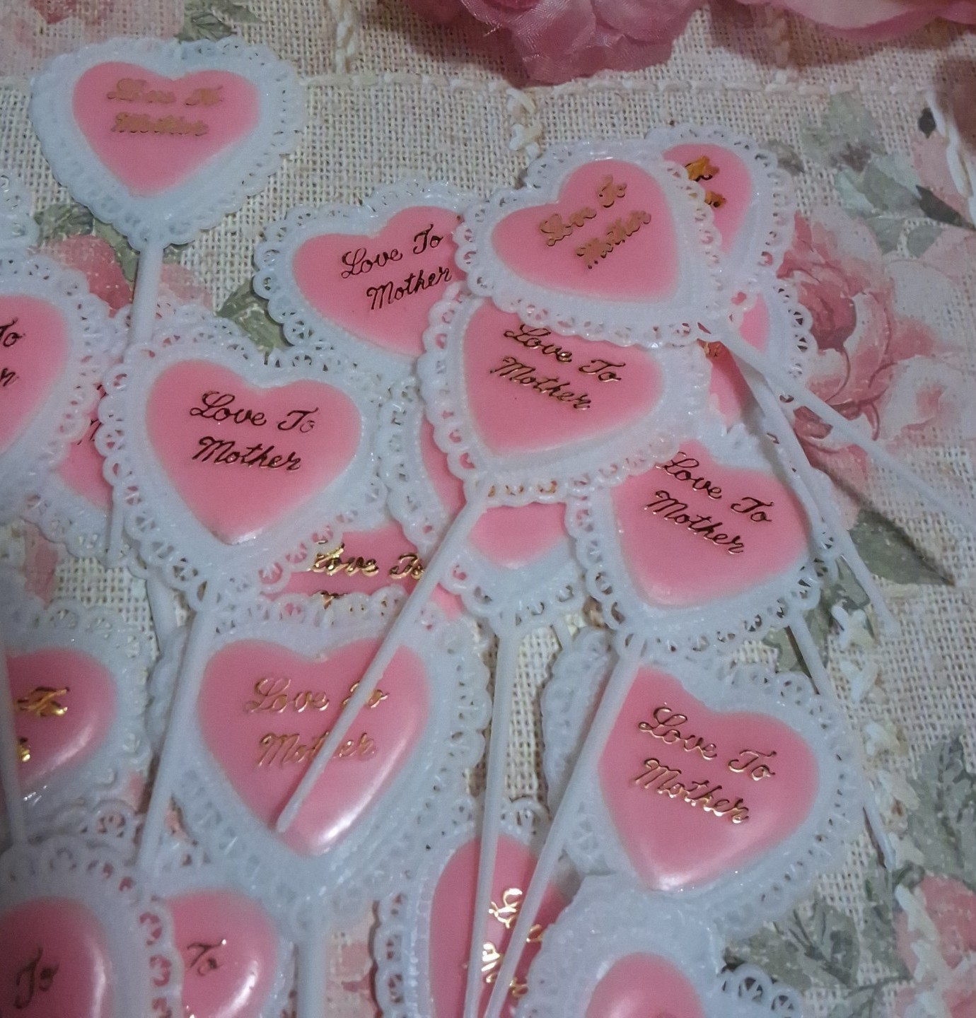 24 Vintage Mother’s Day Cupcake Picks Plastic Pink Hearts Crafts