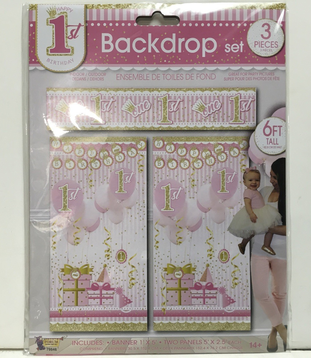 Forum Novelties Happy 1st Birthday- Backdrop -Girl, Multi 3 Pieces New W/package