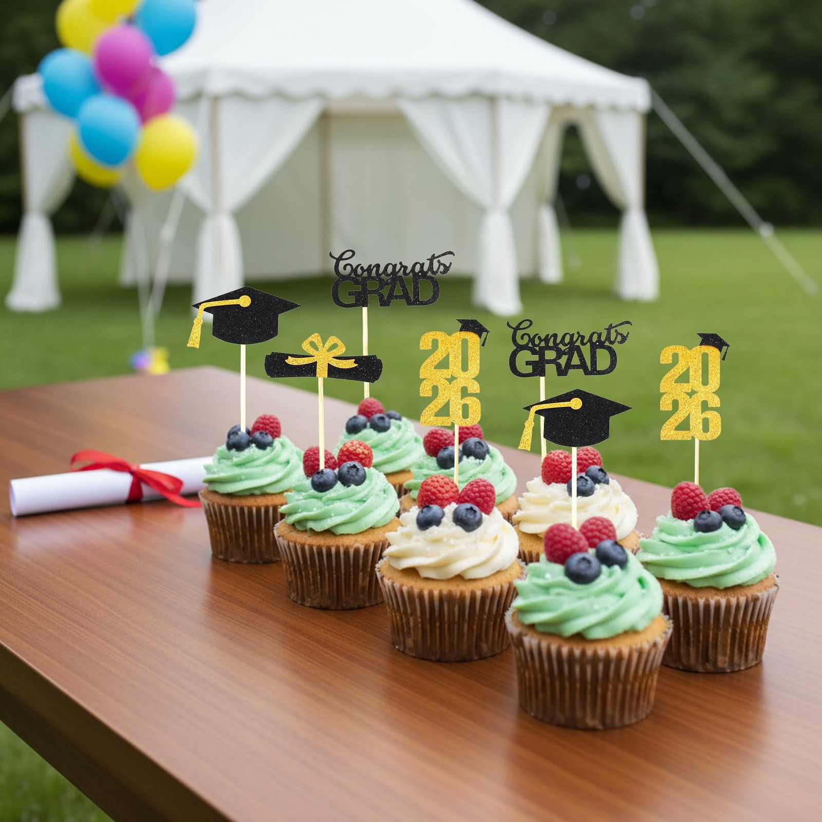 2026 Graduation Cupcake Toppers 24 PCS Glitter Gold Congrats Grad Cap Picks