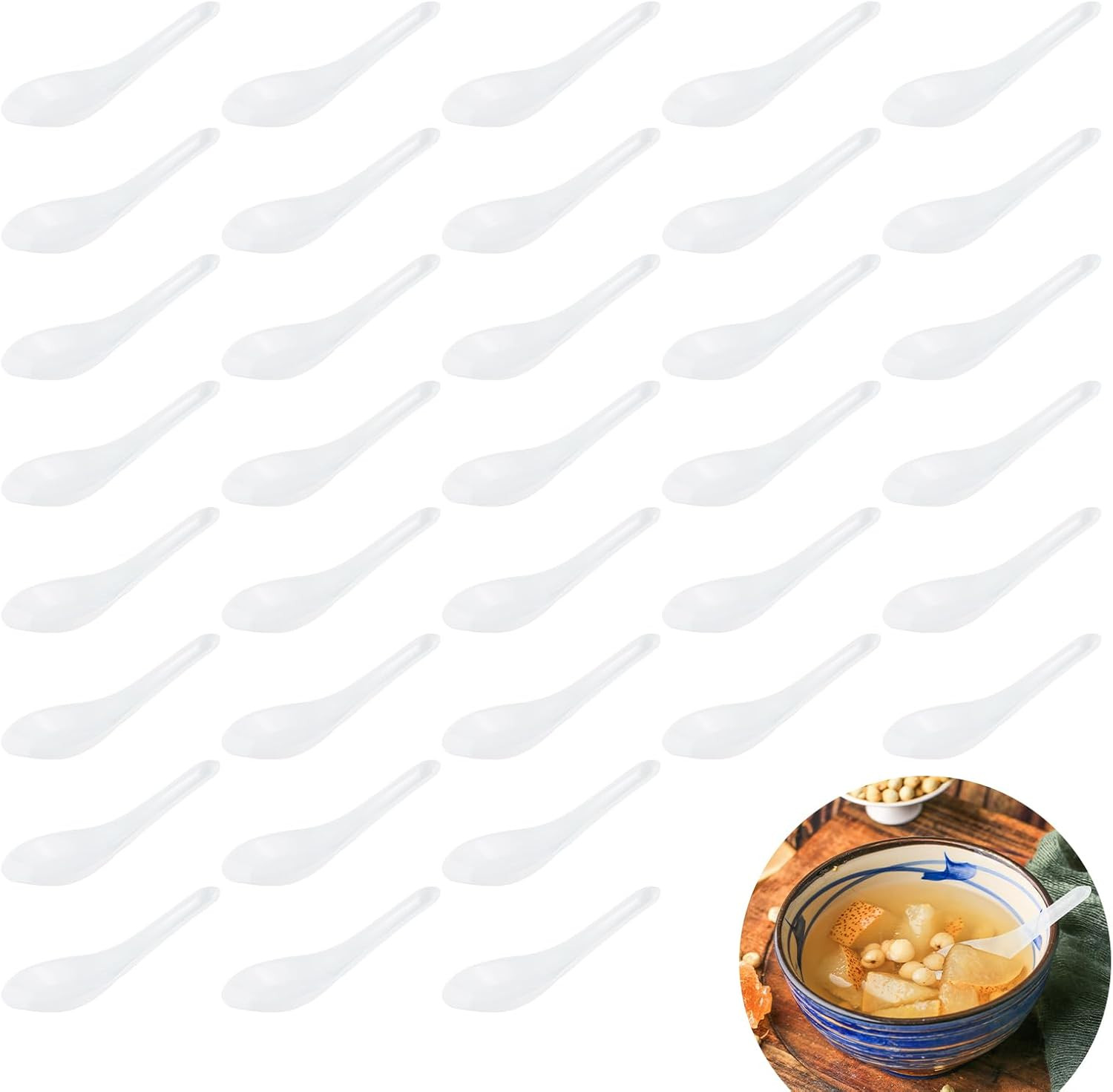 100 Pack Disposable Asian Soup Chinese Spoons, Disposable White Plastic Spoons,