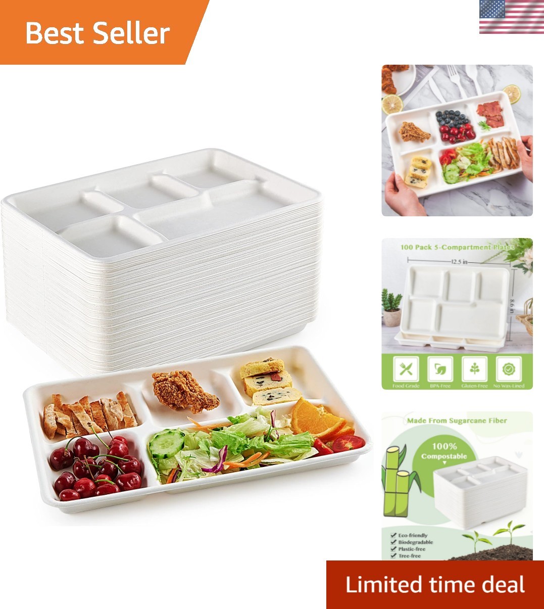 100% Compostable 5 Compartment Plates, 100 Pack Disposable Compartment Paper …