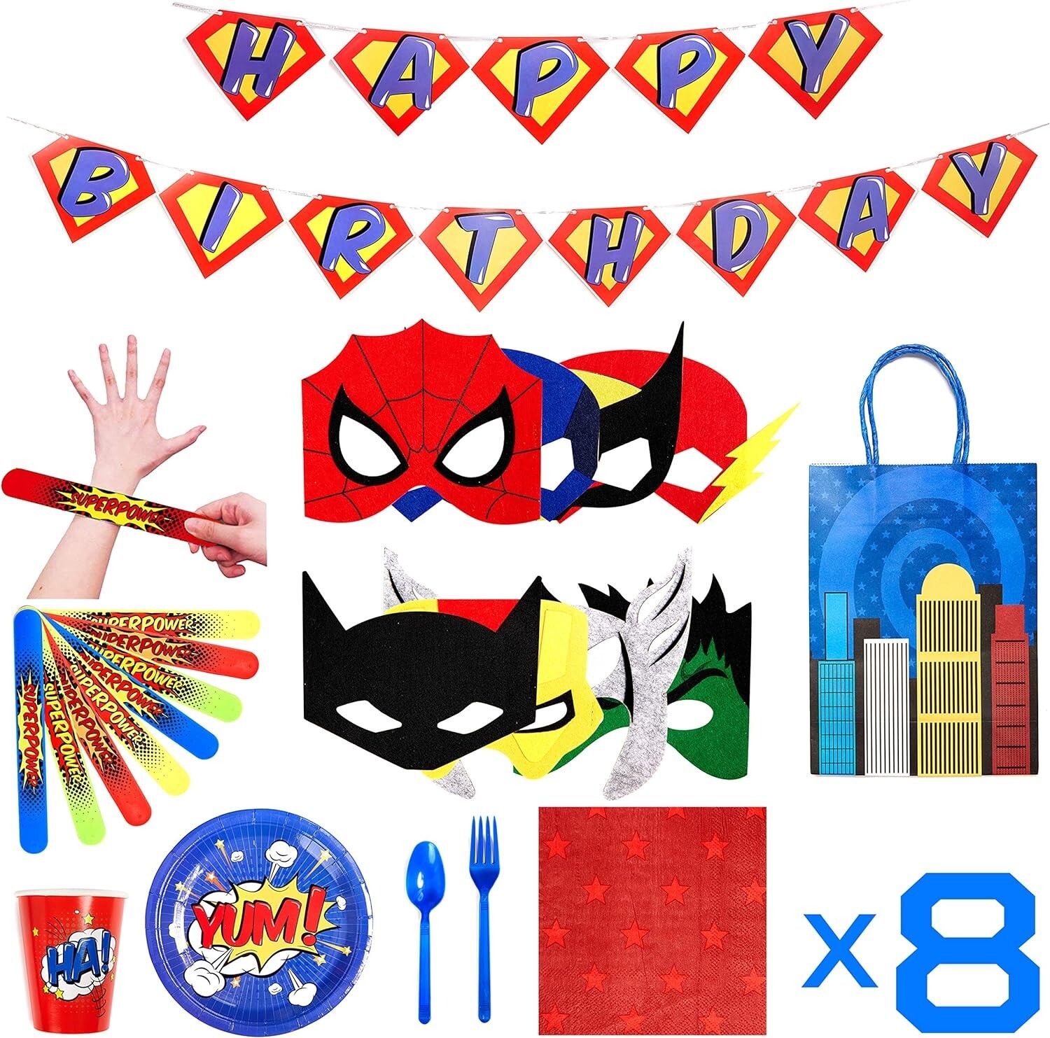 Superhero Kid’s Party Supplies – Felt Masks, Birthday Party Favors for 8 Guest