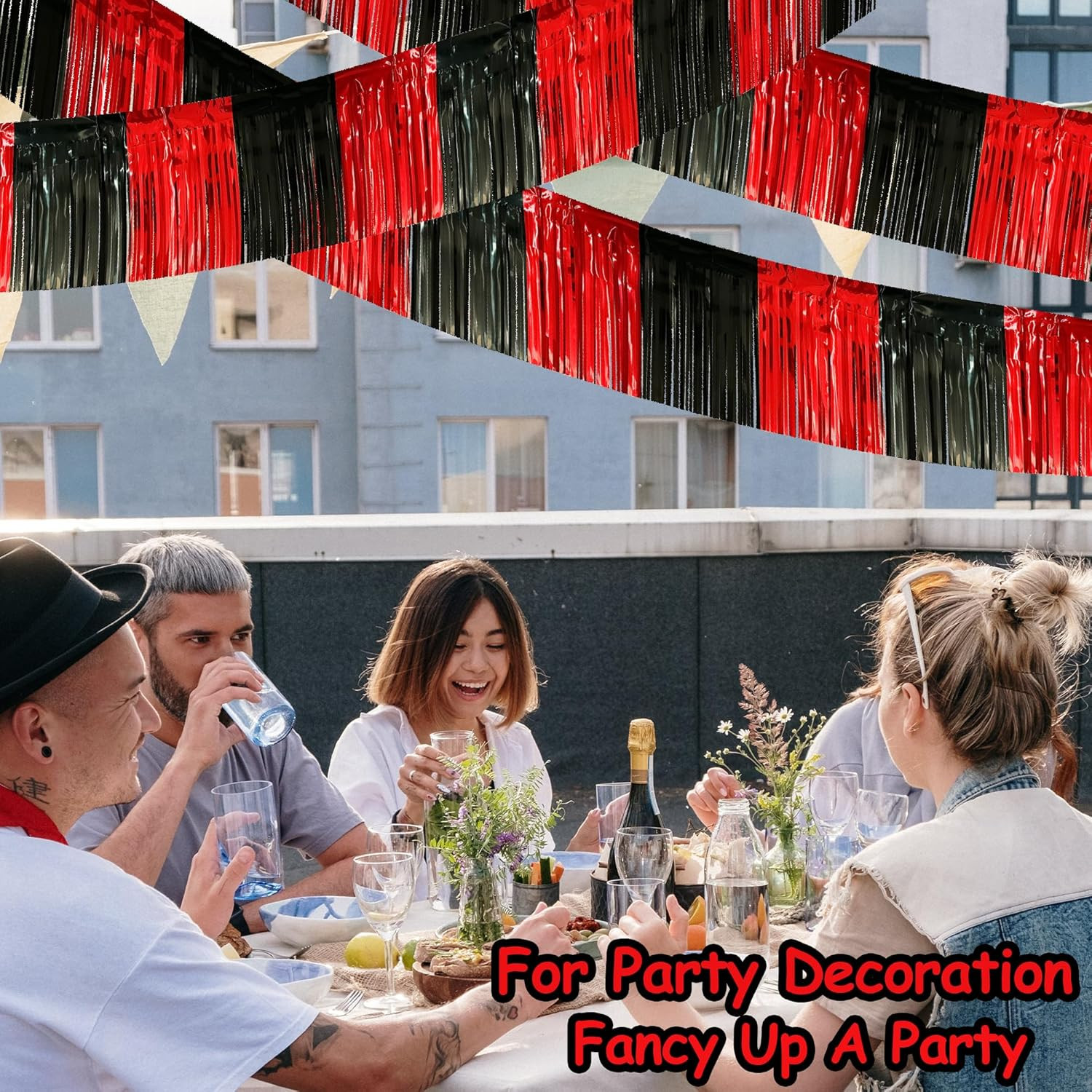 4 Pack 10 Feet Black Red Parade Floats Foil Fringe Garland Metallic Tinsel Strea