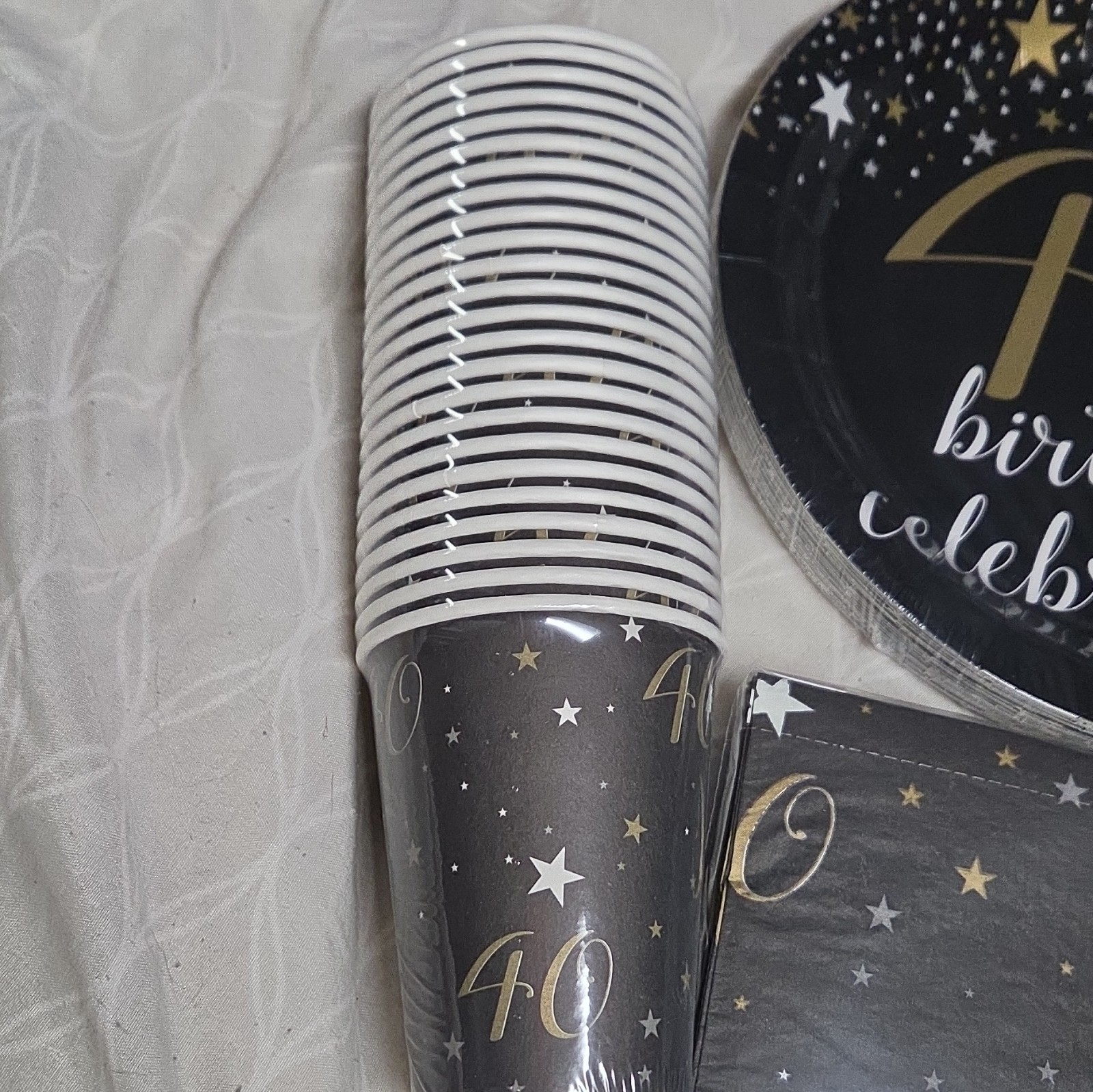 40th Birthday Party Tableware Set, Black/Gold/White Stars, Paper & Plastic