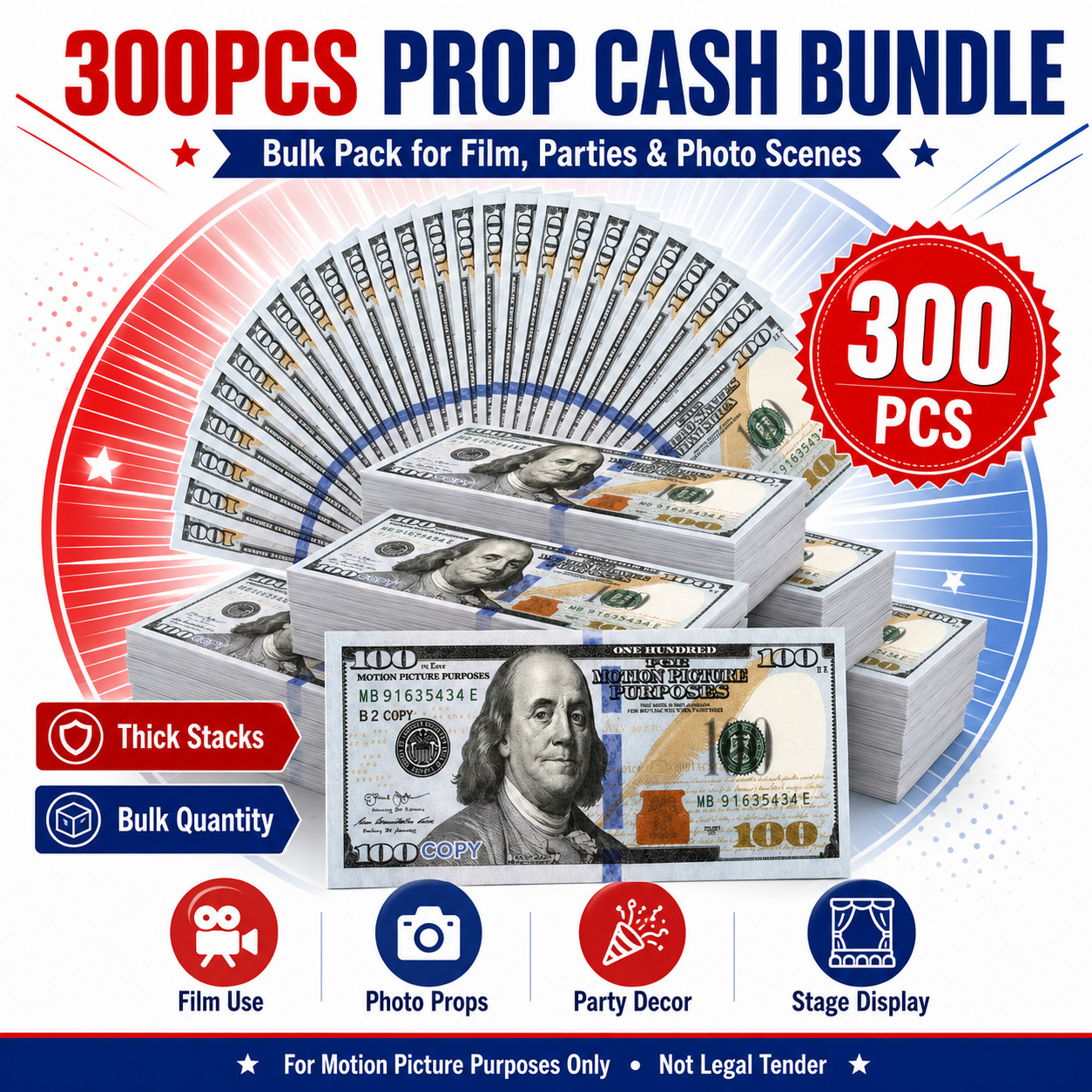 $100 Bills (300pack) Prop Replica Money for Movies, Parties, TikTok & Instagram!