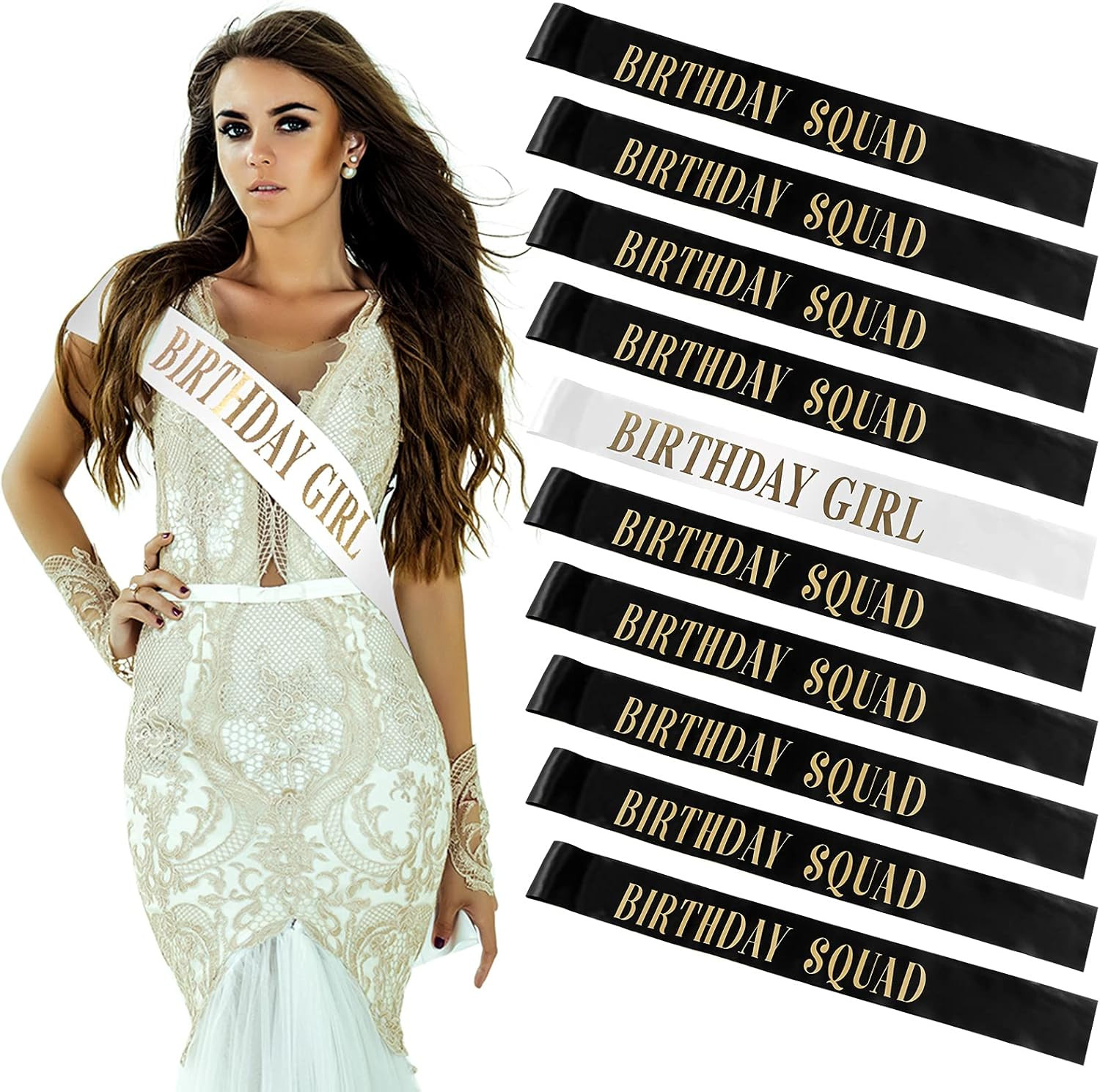 Weewooday 10 Pieces Birthday Squad Sash Set 9 Black and Gold Birthday Group Sash