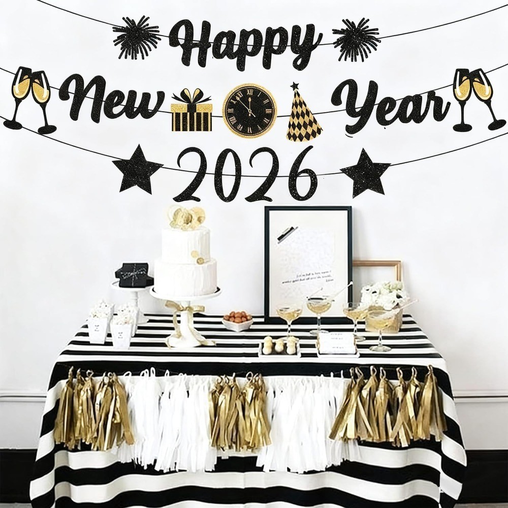 Black Gold New Years Decorations 2026 Glitter Happy New Year Banner New Years