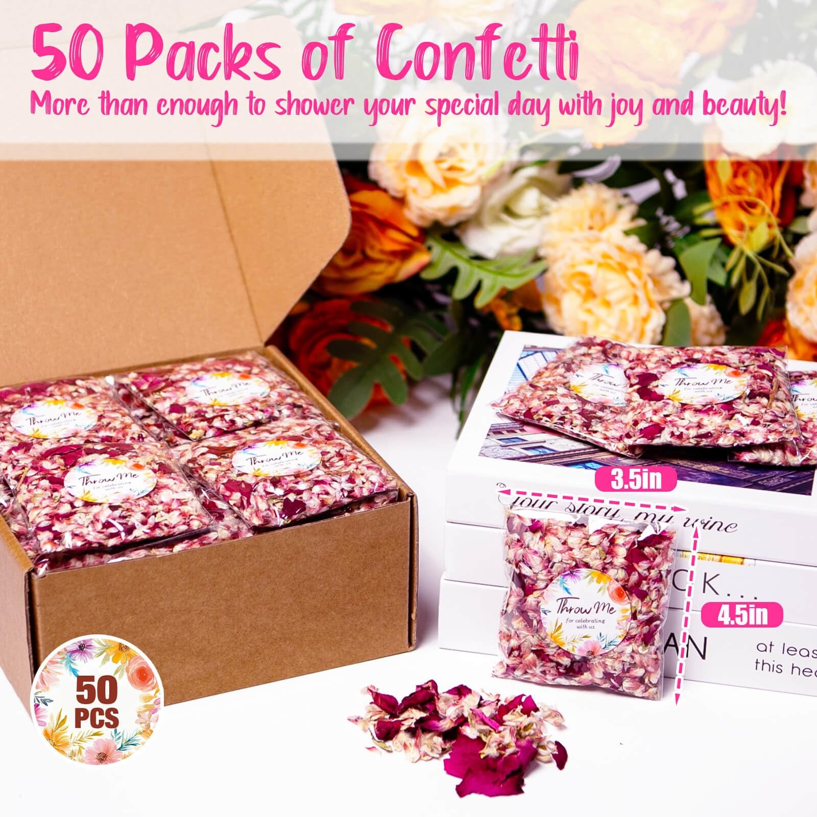 Oning 50 Pack Real Dried Rose Flower Petals Confetti Dried Mix Red Rose Begonia