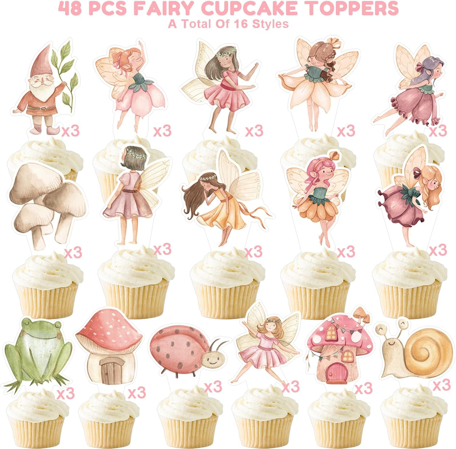 Fairy Cupcake Toppers for Birthday Party – Pack of 48, Double-Side, NO DIY, Fair