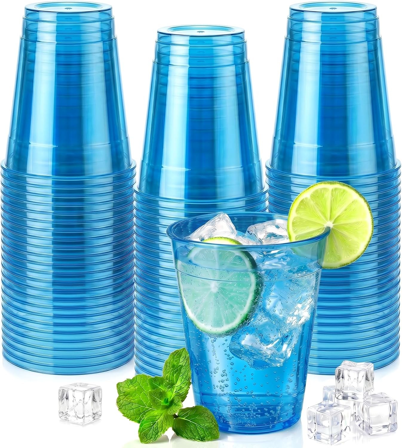 50 Pack 12 oz Blue Plastic Cups, Blue Party Cups, Clear Disposable Wine Glasses