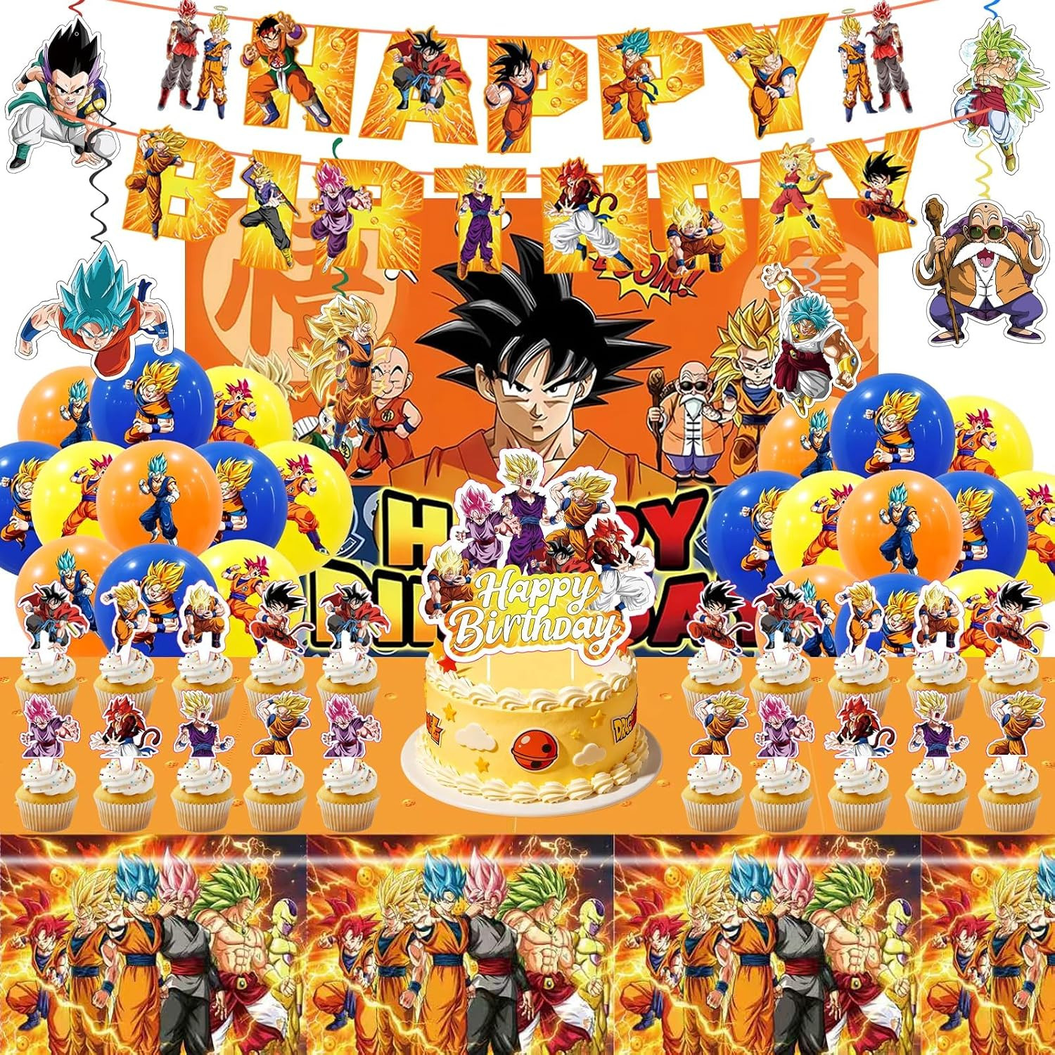 43PCS Dragon Ball Birthday Party Supplies: Banner, Cake Topper, Tablecloth, Back
