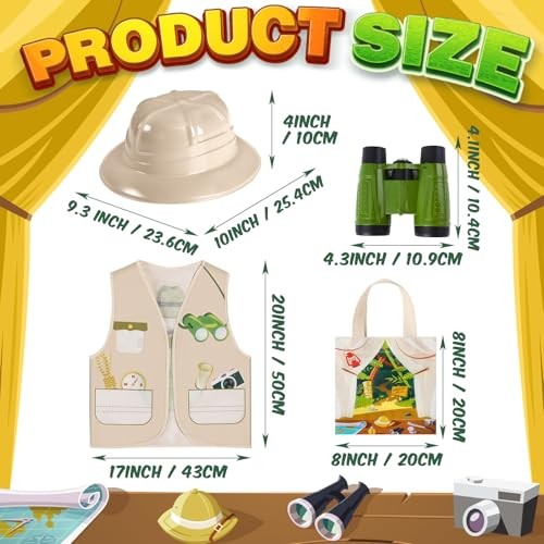 48 Pcs Kids Safari Explorer Costume Set, Vest Hat Binoculars Bag | Jungle