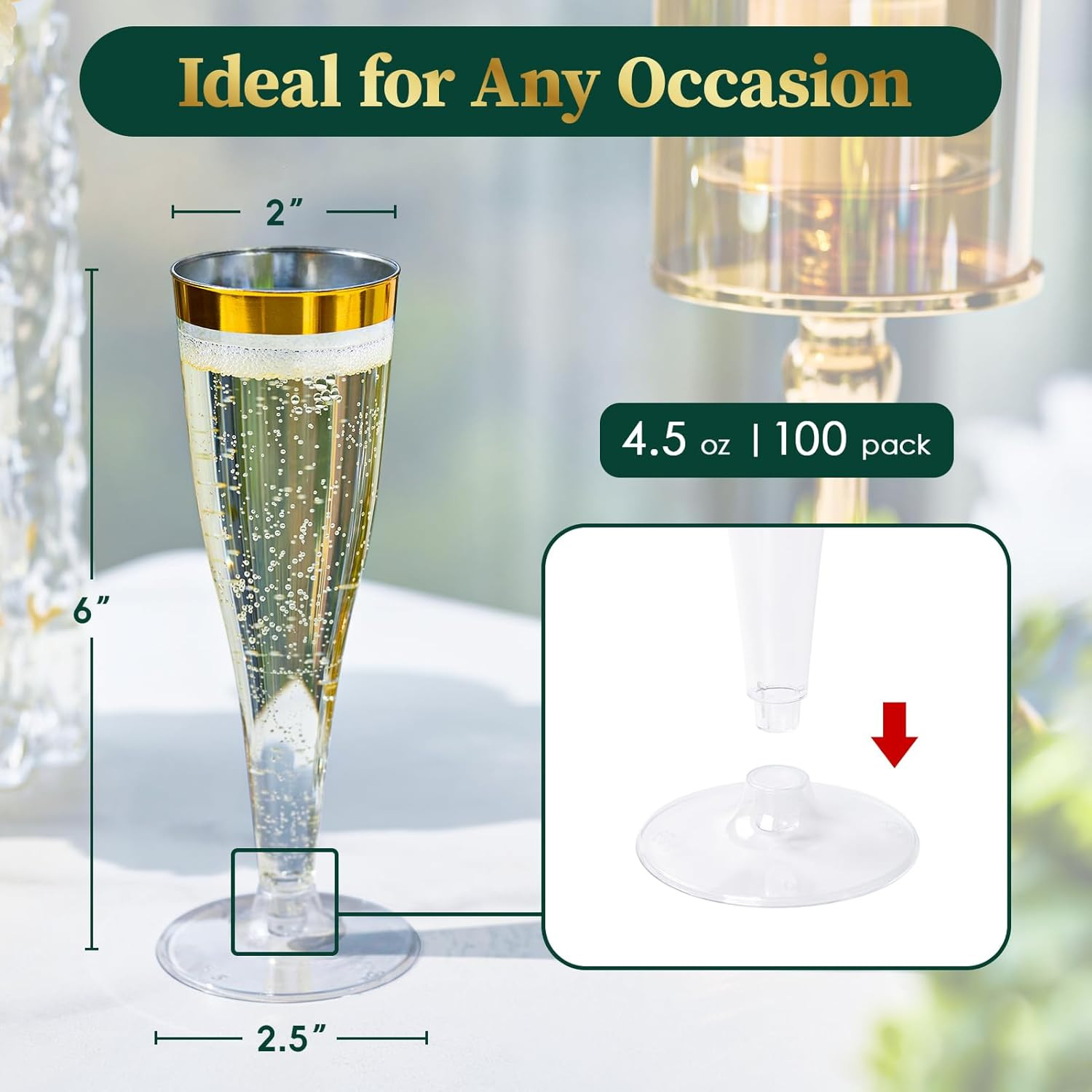 100 Pack 4.5oz Plastic Champagne Flutes Gold Rim Disposable Toasting Glasses