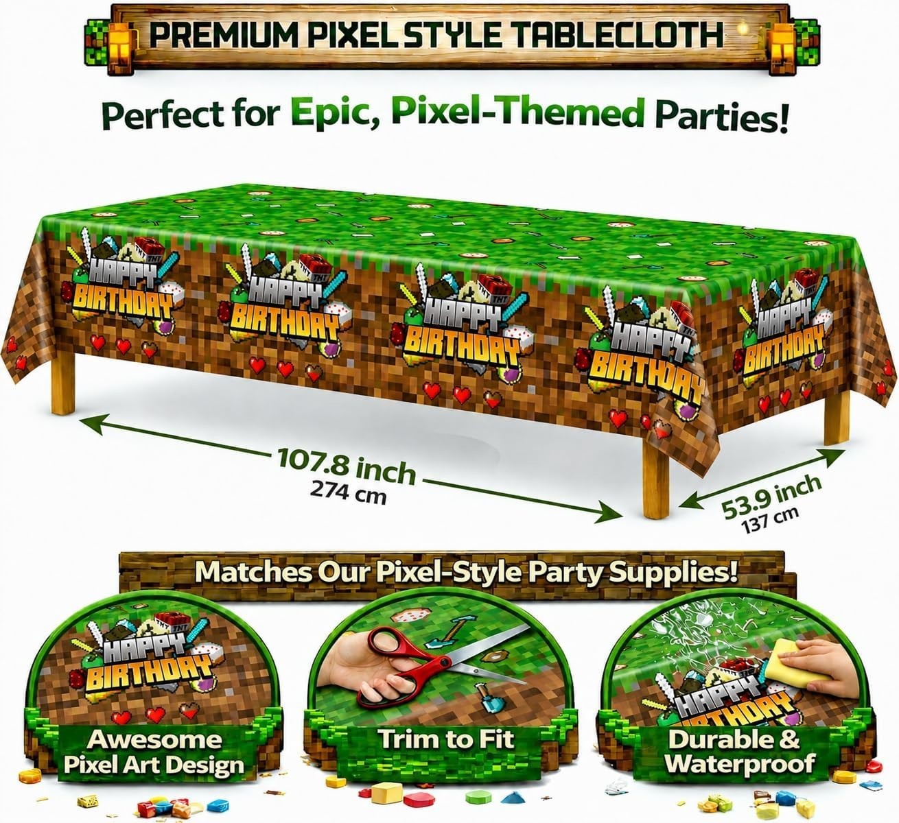 Pixel Birthday Party Decorations, Party Supplies Set Including Banner Tableware