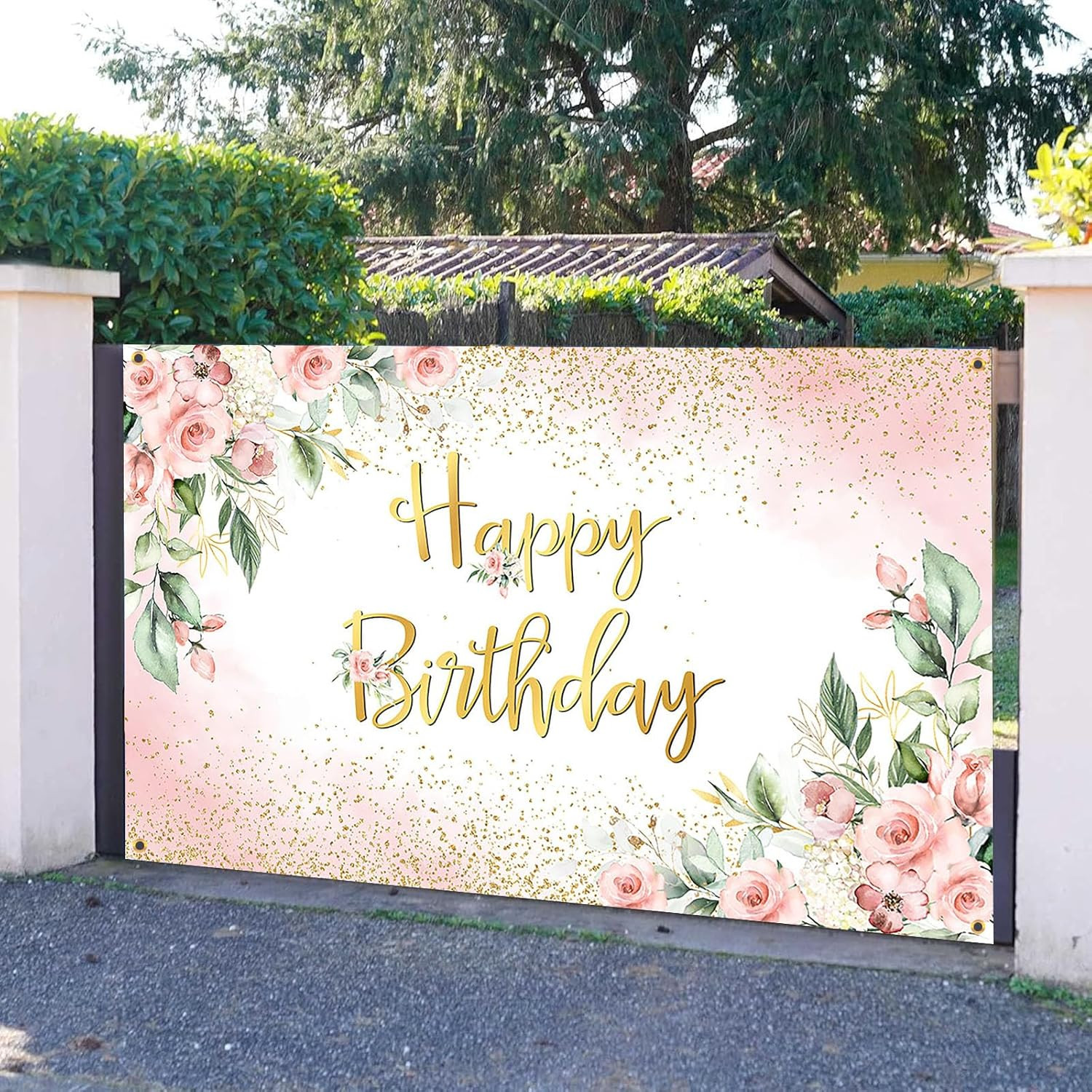 Rose Gold Birthday Backdrop for Women Pink Floral Golden Flash Happy Birthday Pa