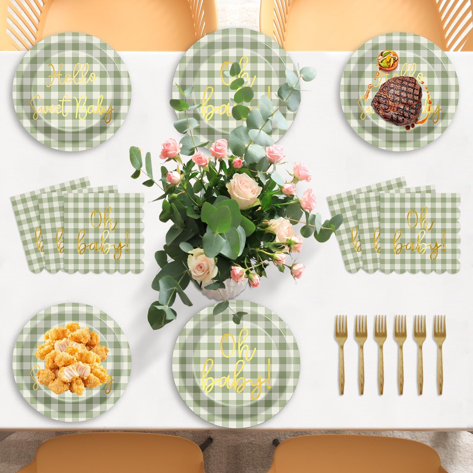 96PCS Sage Green Baby Shower Decorations Gold Sage Green Checkered Plates Sca…