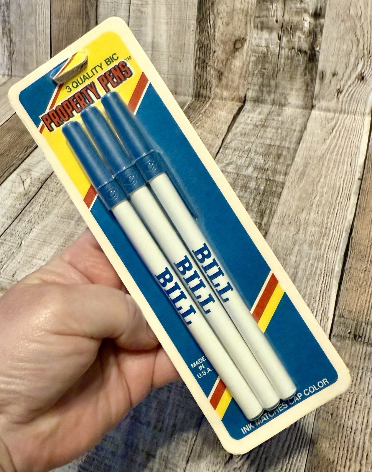 Vintage 1987 pack of 3 Quality Bic Property Pens ” Bill ” blue made in USA
