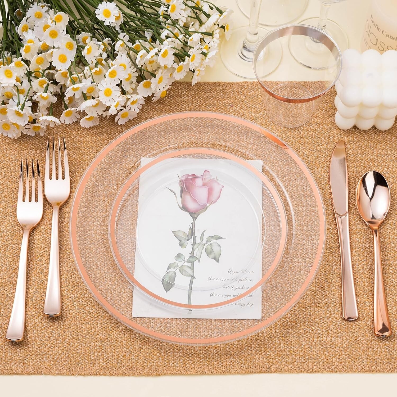 200PCS Rose Gold and Clear Plastic Plates, Rose Gold Disposable Plate Set wit…