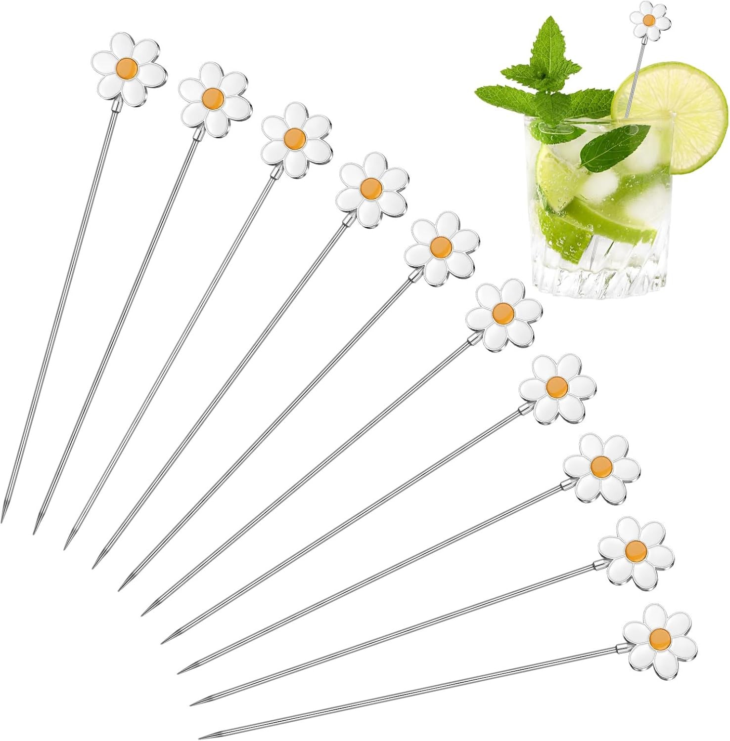 10 Pcs Metal Daisy Cocktail Picks 4.7 Inch Daisy Metal Toothpicks for Appetizers