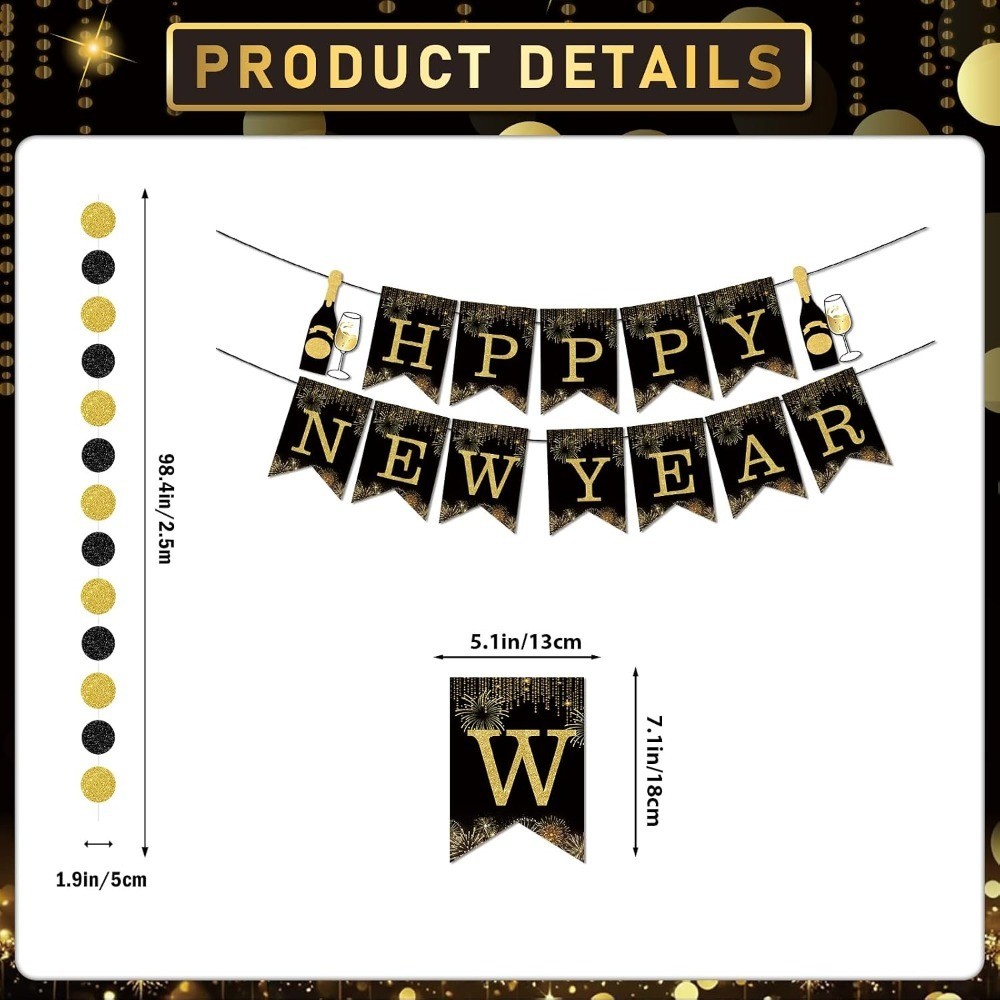 Happy New Year Banner: New Years Decorations Gold Black Paper Flag Bunting Swirl