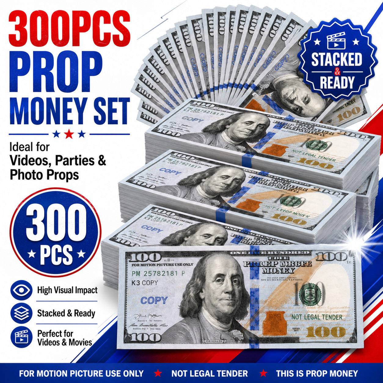 $100 Dollar Bills Prop Motion Picture Money $30,000 Dollars Total Copy Notes Set