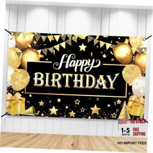 , Happy Birthday Banner – Large 72×44 Inch | Happy Birthday Black and Gold