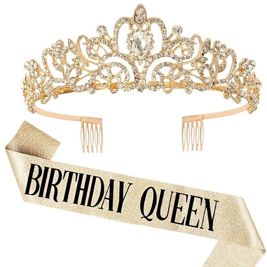 2Pcs Birthday Girl Queen Sash & Rhinestone Crystal Tiara Crown Party Decor Set