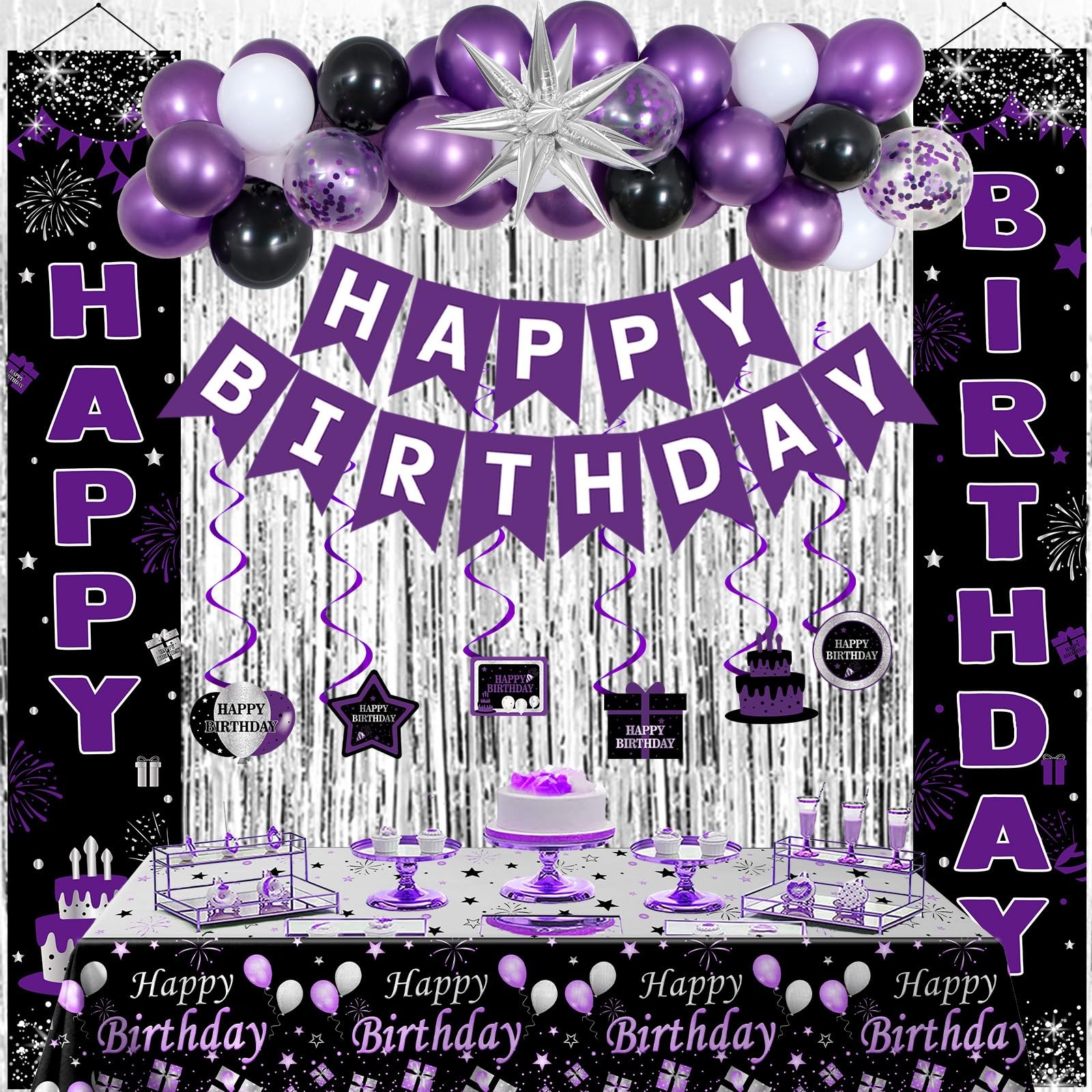 Black and Purple Birthday Decorations for Women Girls, Happy Birthday Decoration