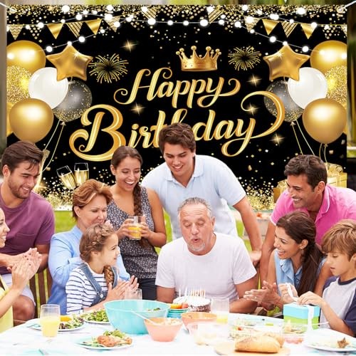 ft Happy Birthday Backdrop Banner – Black Gold Glitter Balloon Theme 7×5