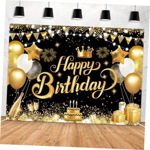 ft Happy Birthday Backdrop Banner – Black Gold Glitter Balloon Theme 7×5