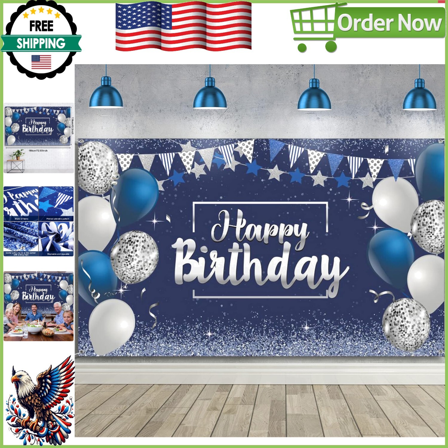 Elegant Glitter Birthday Backdrop Banner for Men & Women – Large 72.8”x43.3”