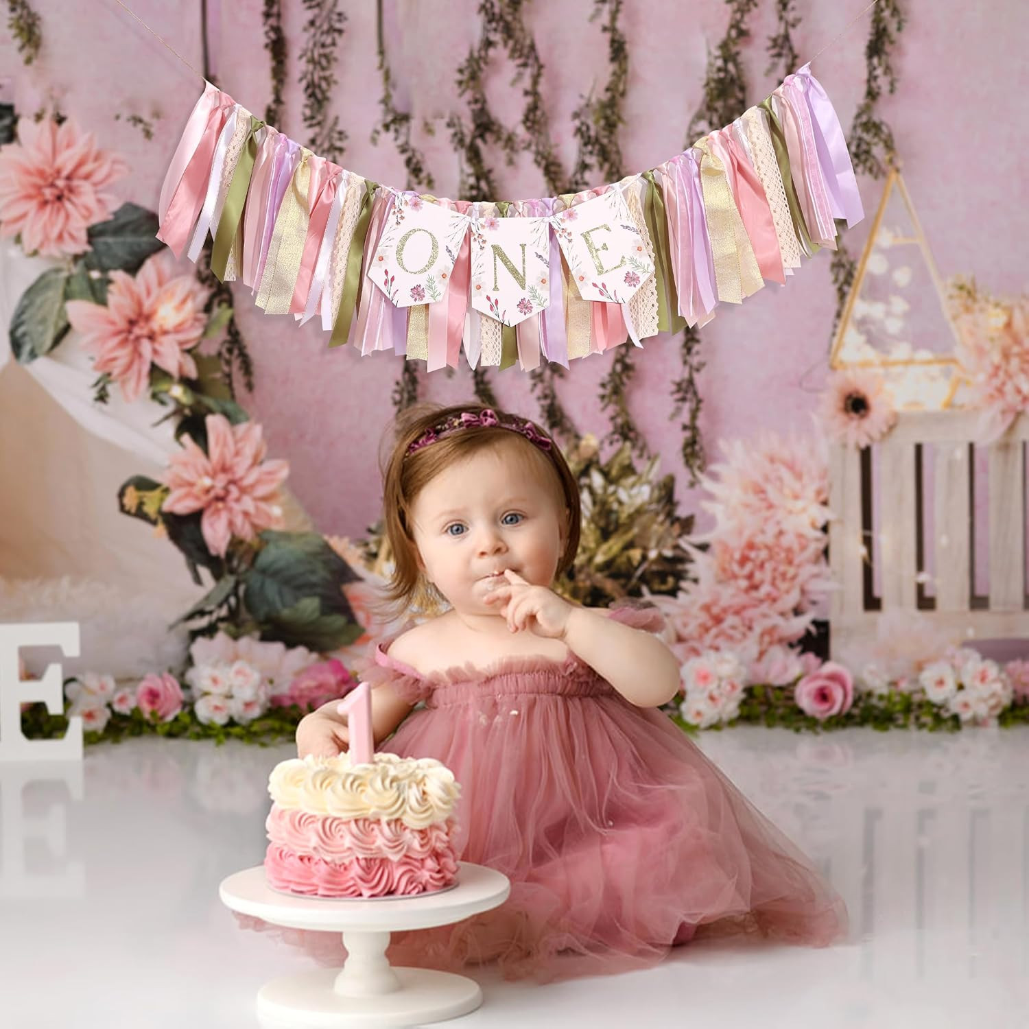 Floral Boho ONE High Chair Banner for Girls 1St Birthday – Pink Wild Flower Firs