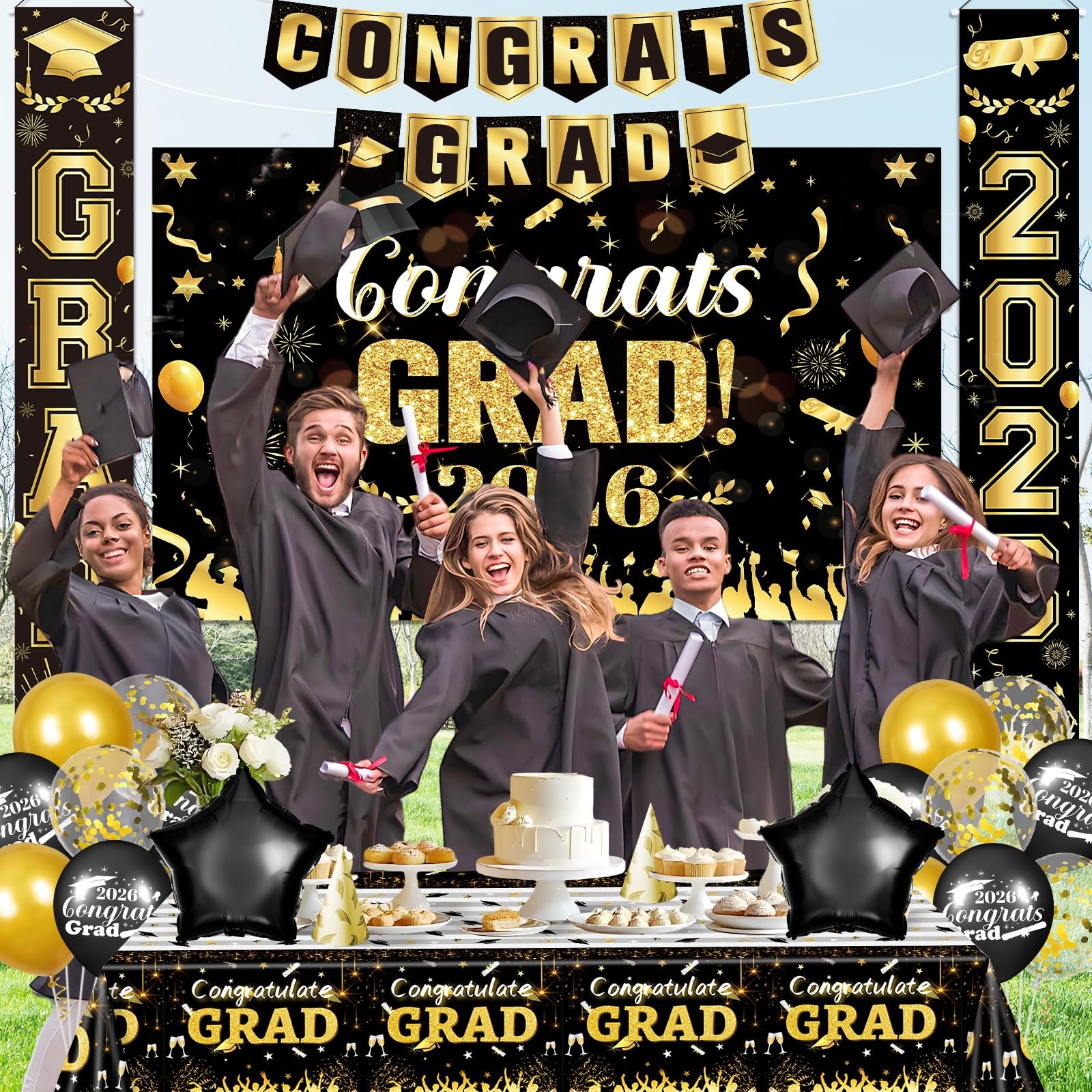 Black Gold Graduation Decorations 2026 Congrats Grad Party Supplies Set Fabri…
