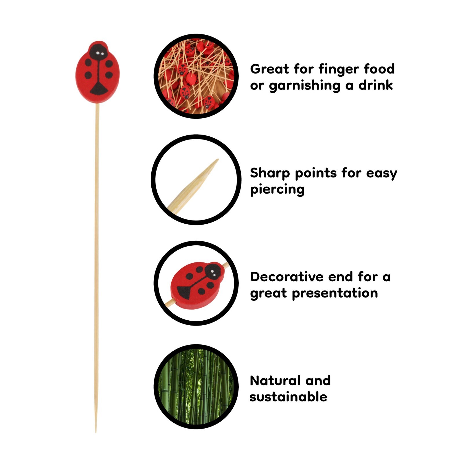 BambooMN Red Ladybug Cocktail Appetizers Bamboo Toothpick Stirrer Stick Picks