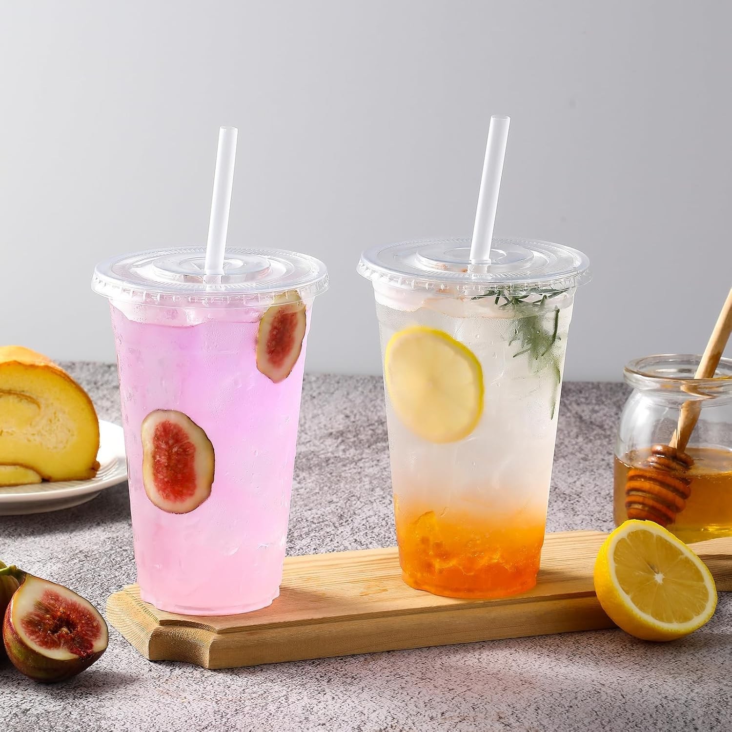 100 Sets] 16 oz Clear Plastic Cups With Lids and Straws, Disposable Cups With…