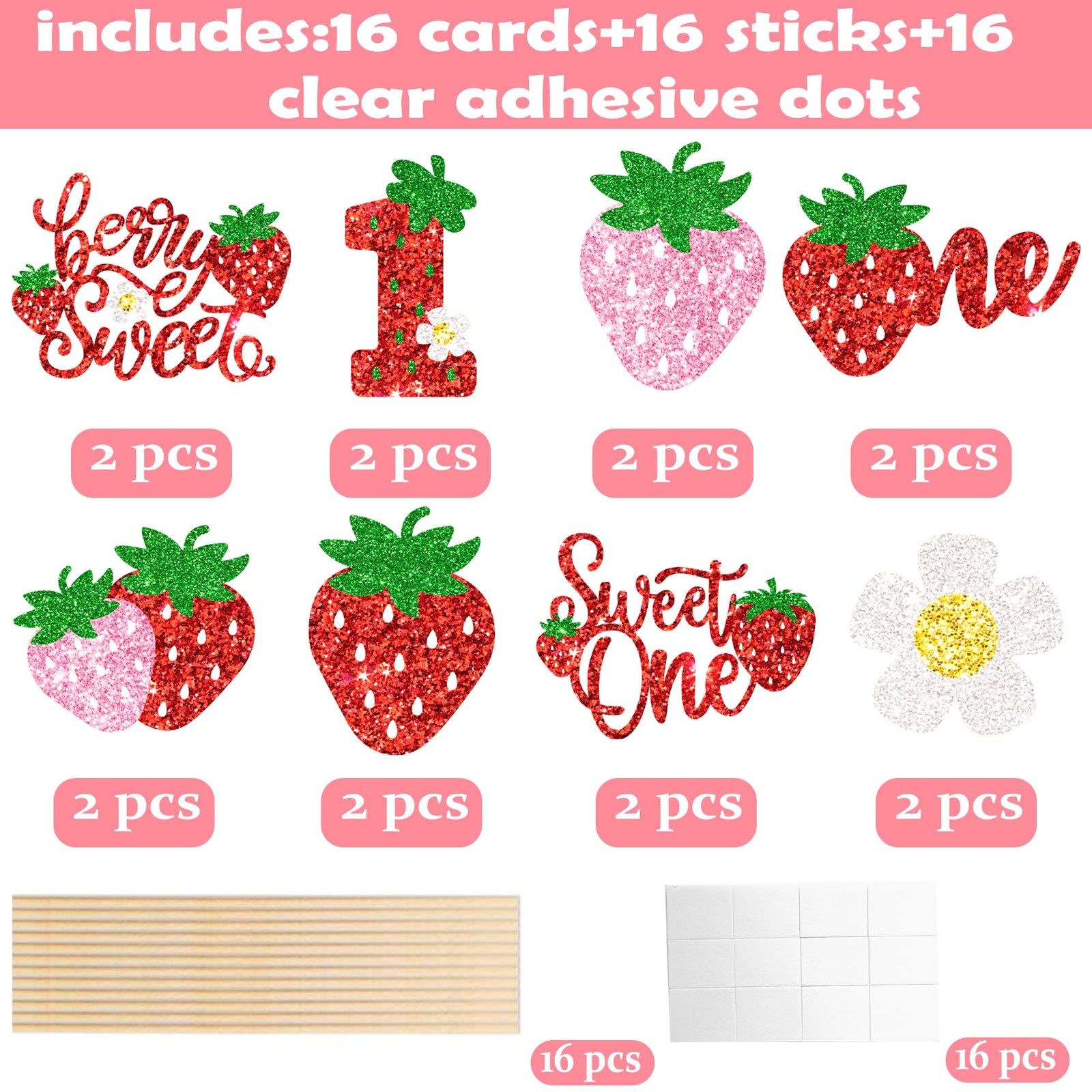 16 PCS Strawberry Sweet One Centerpiece Sticks Berry 1st Birthday Decor