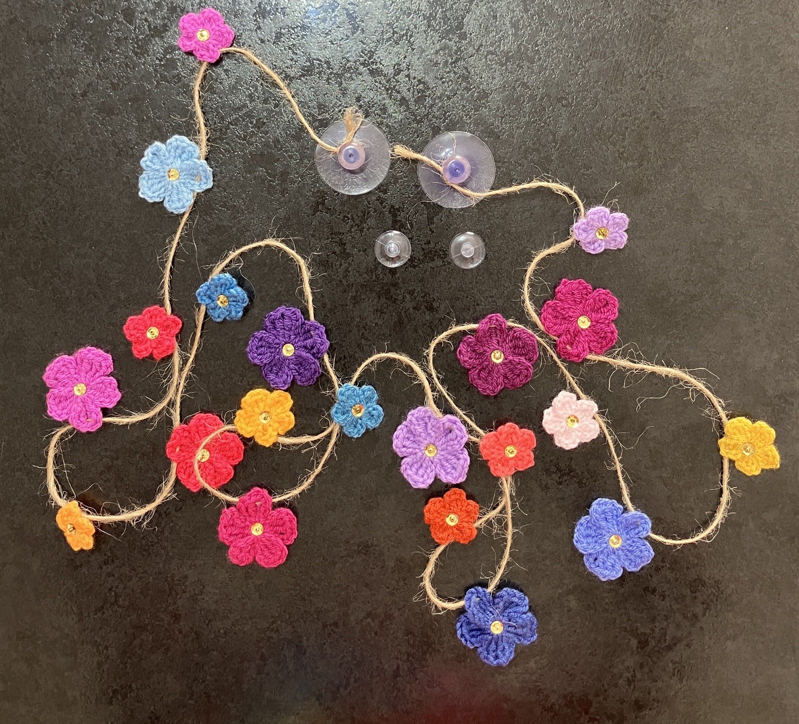 🌸NEW 75″ Hand Crochet Flowers Bunting Window sequin Camper SUMMER gift