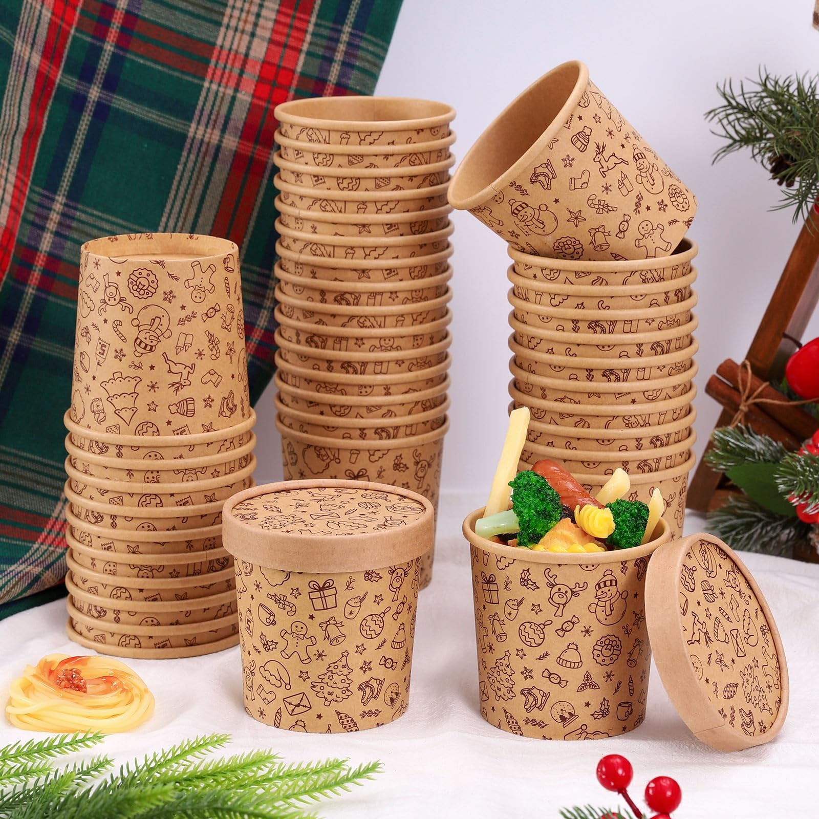 FYSUIMU 50Pcs Christmas Kraft Leftover Containers with Lids 12Oz Xmas Pattern Pa