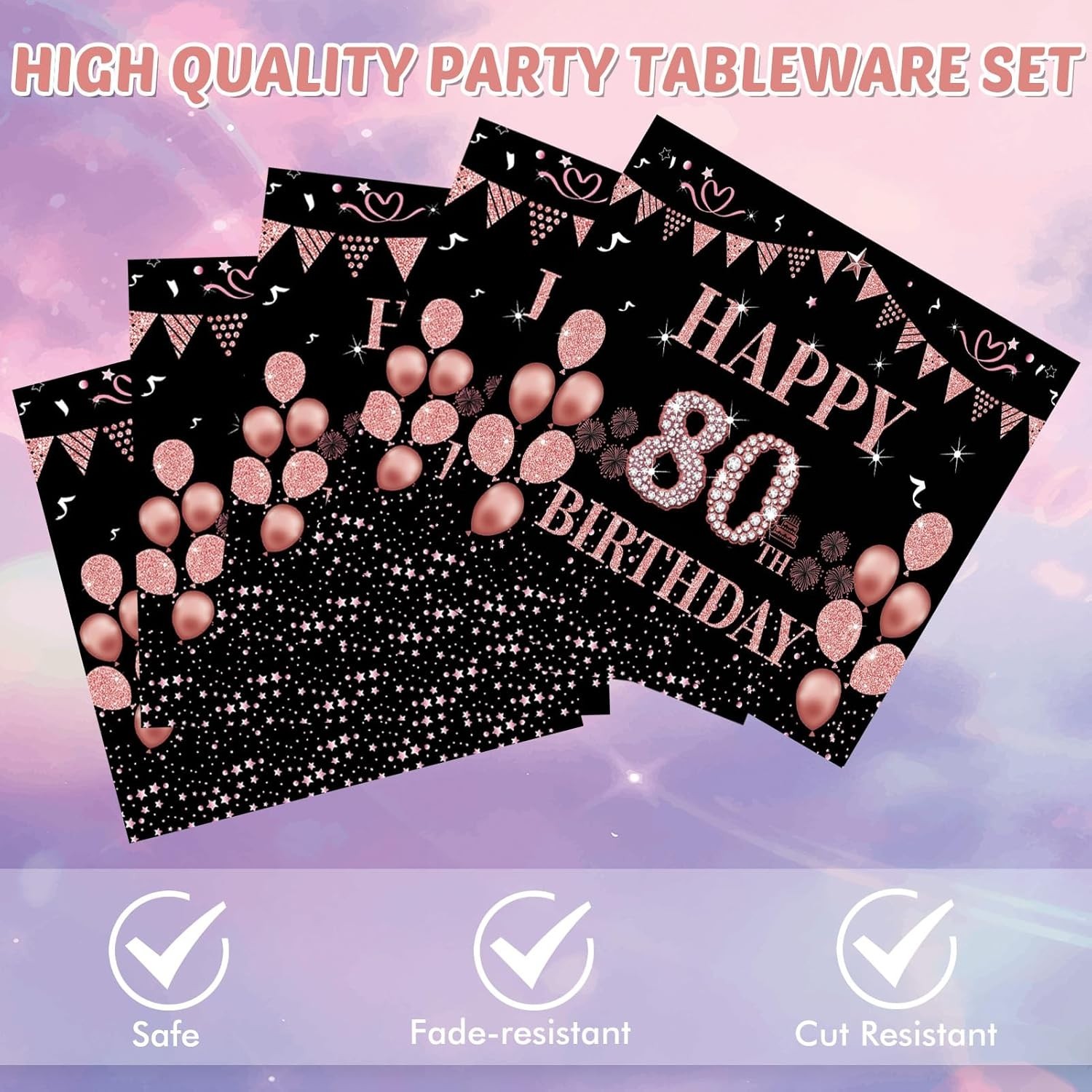 40PCS Black & Rose Gold 80th Birthday Party Supplies – For Elegant Celebrations