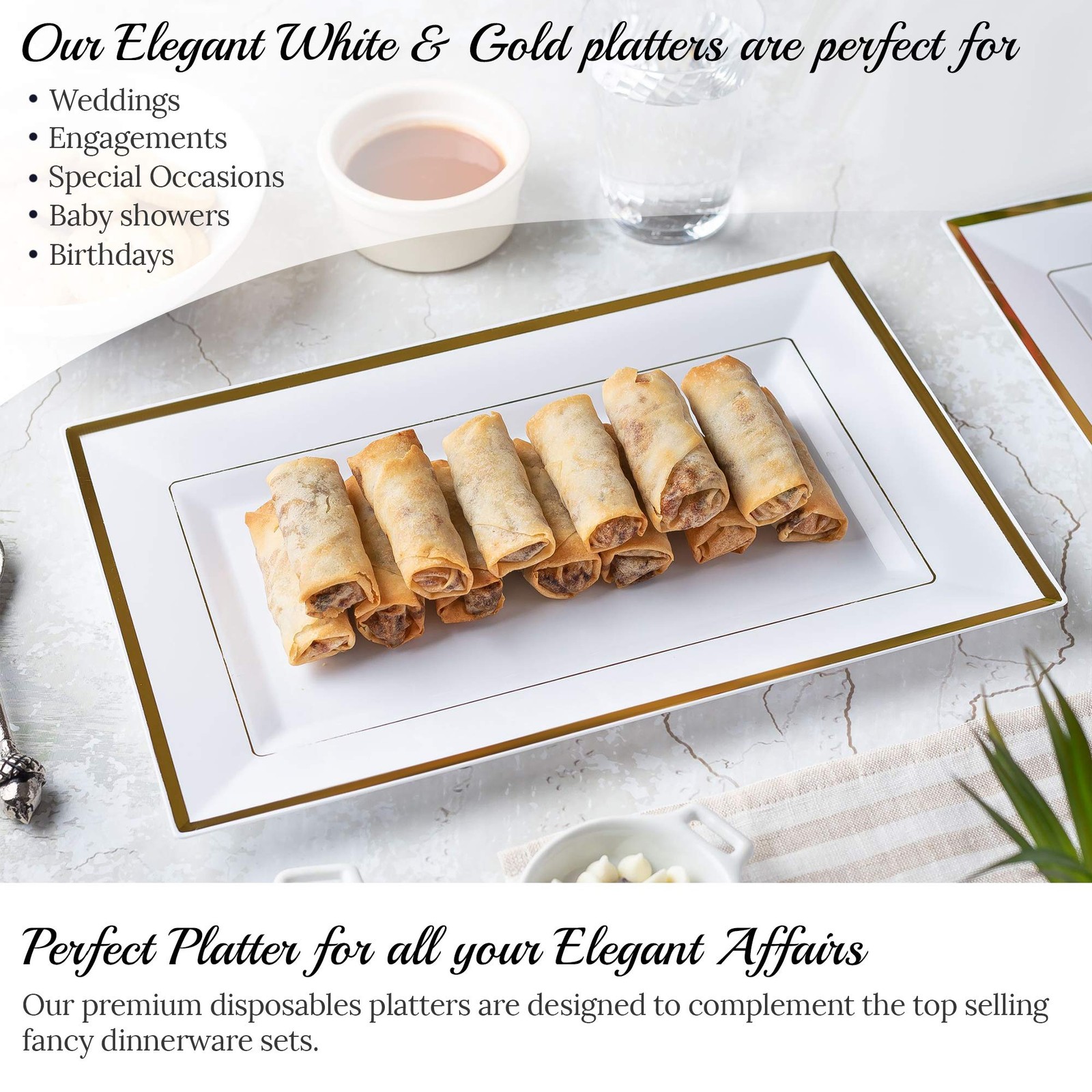 Mint Living – Elegant Plastic Serving Tray & Platter Set (6pk) – White & Gold Ri